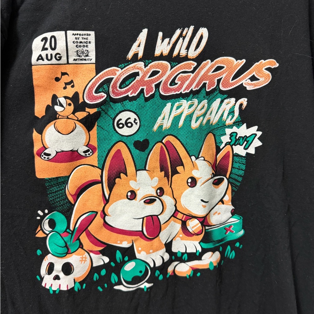 Black Matter Black Tee with Orange & Teal Corgi Illustration
